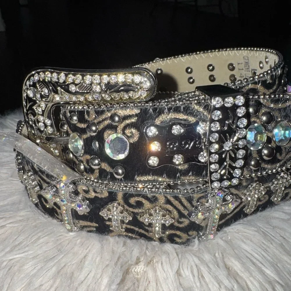 BHW Genuine Leather Cross Rhinestone Western Cowgirl Bling Belt Size large nwot